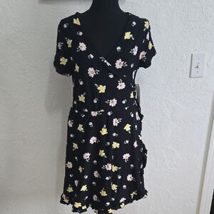 No Boundaries Black Floral Wrap Dress with Yellow & Pink Blooms